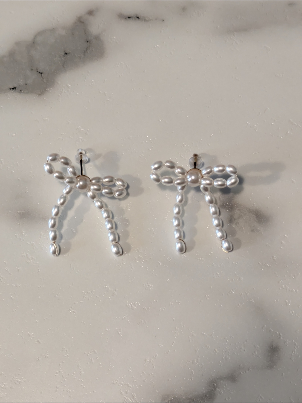 Pearl Bow Drop Earrings - White Faux Pearl